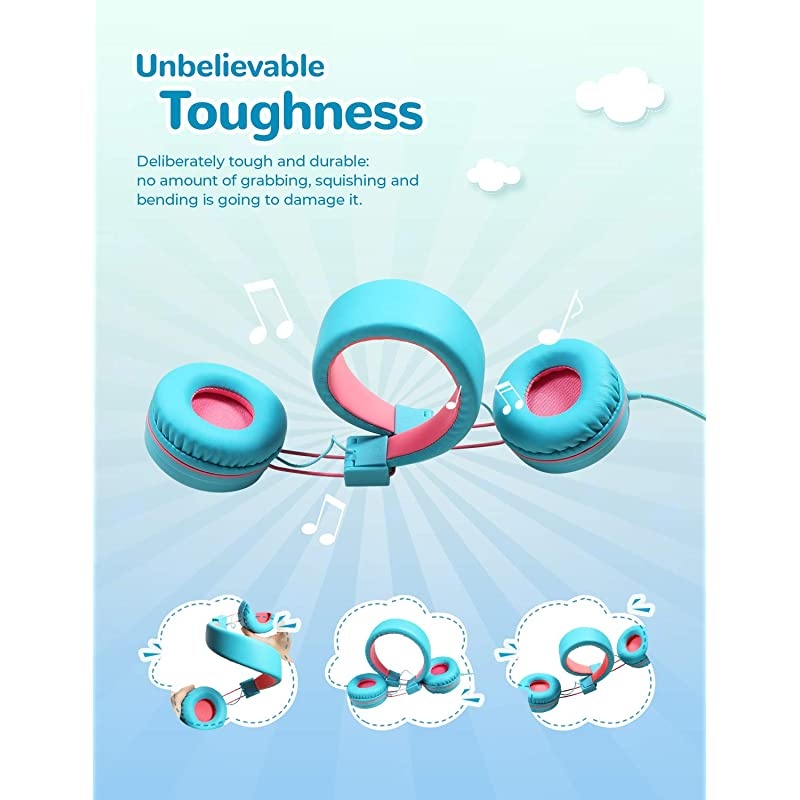 HS14 Kids Headphones with Microphone, Headphones for Kids with 94dB Volume Limited for Boys Girls, Adjustable Headband, Foldable, Child Headphones for Study Tablet Airplane School-Blue,Pink