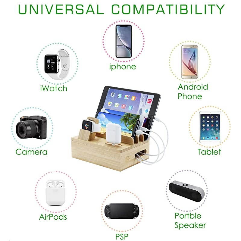 Bamboo Charging Station for Apple Watch AirPods Series6 in 1 Wooden Docking Station for Multiple Device