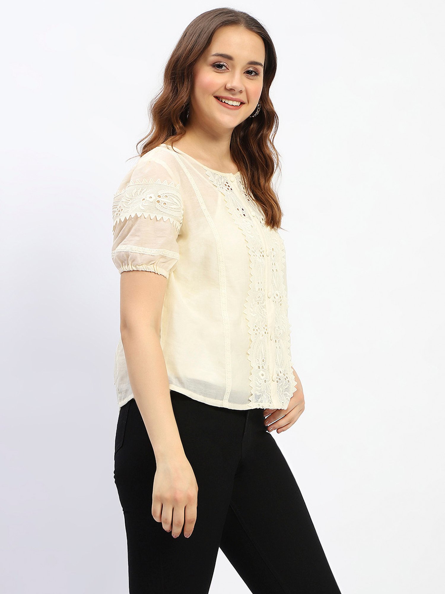 MADAME Cream Cotton Self Design Top