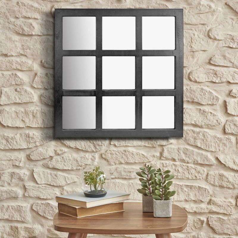 23.5" x 23.5" Rustic 9-Panel Window pane Decorative Wall Mirror Black - Stonebriar Collection