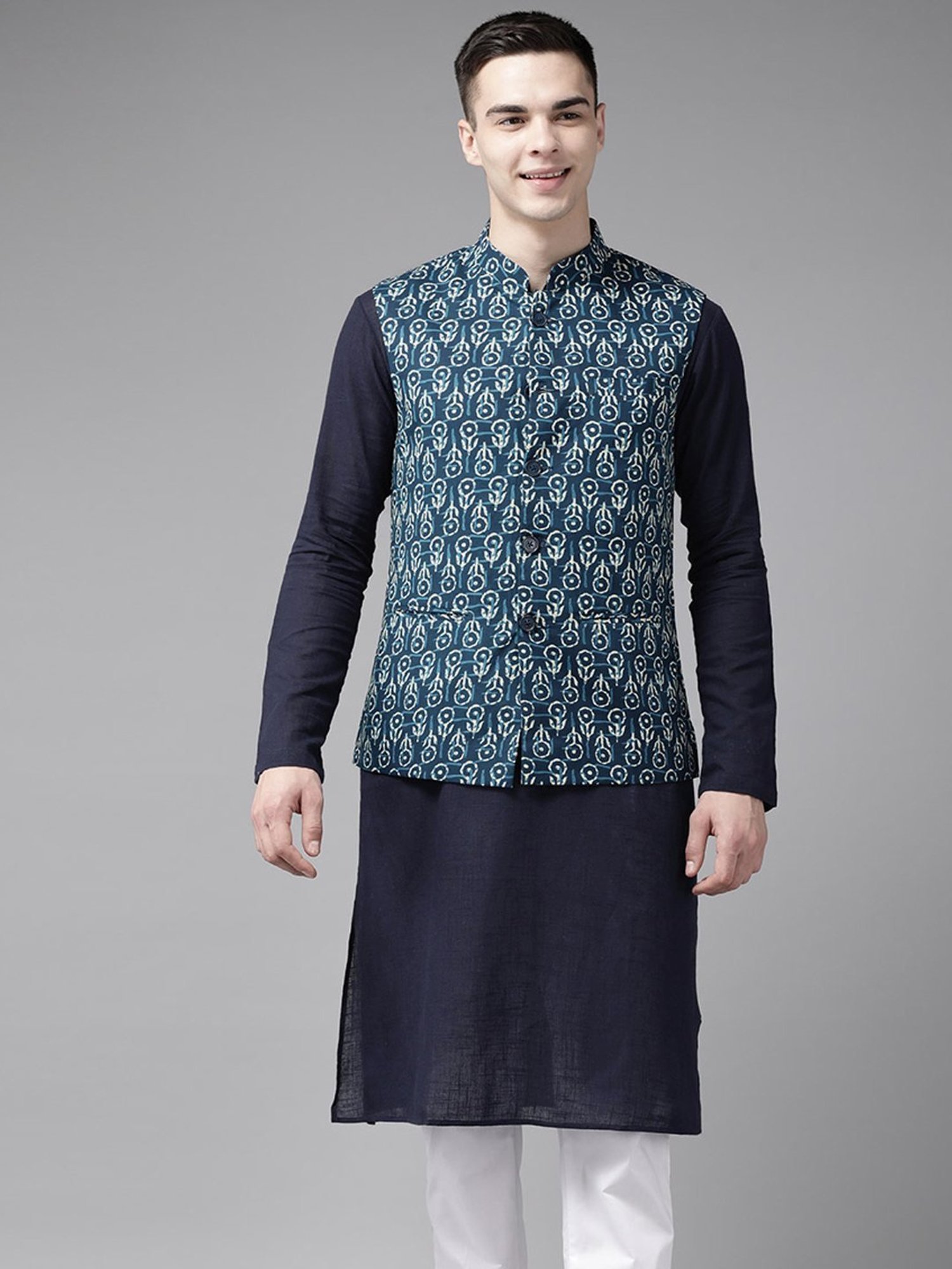 See Designs Blue Cotton Regular Fit Printed Nehru Jacket