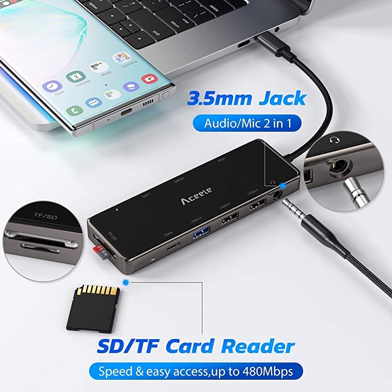 USB C Hub Multiport Adapter USBC 31 Docking Station Dongle with HDMI VGA 100W PD 35mm Jack Ethernet USB Ports SD Card Readers for Thunderbolt 3 MacBook iPad Pro XPS 13 Type C Laptop