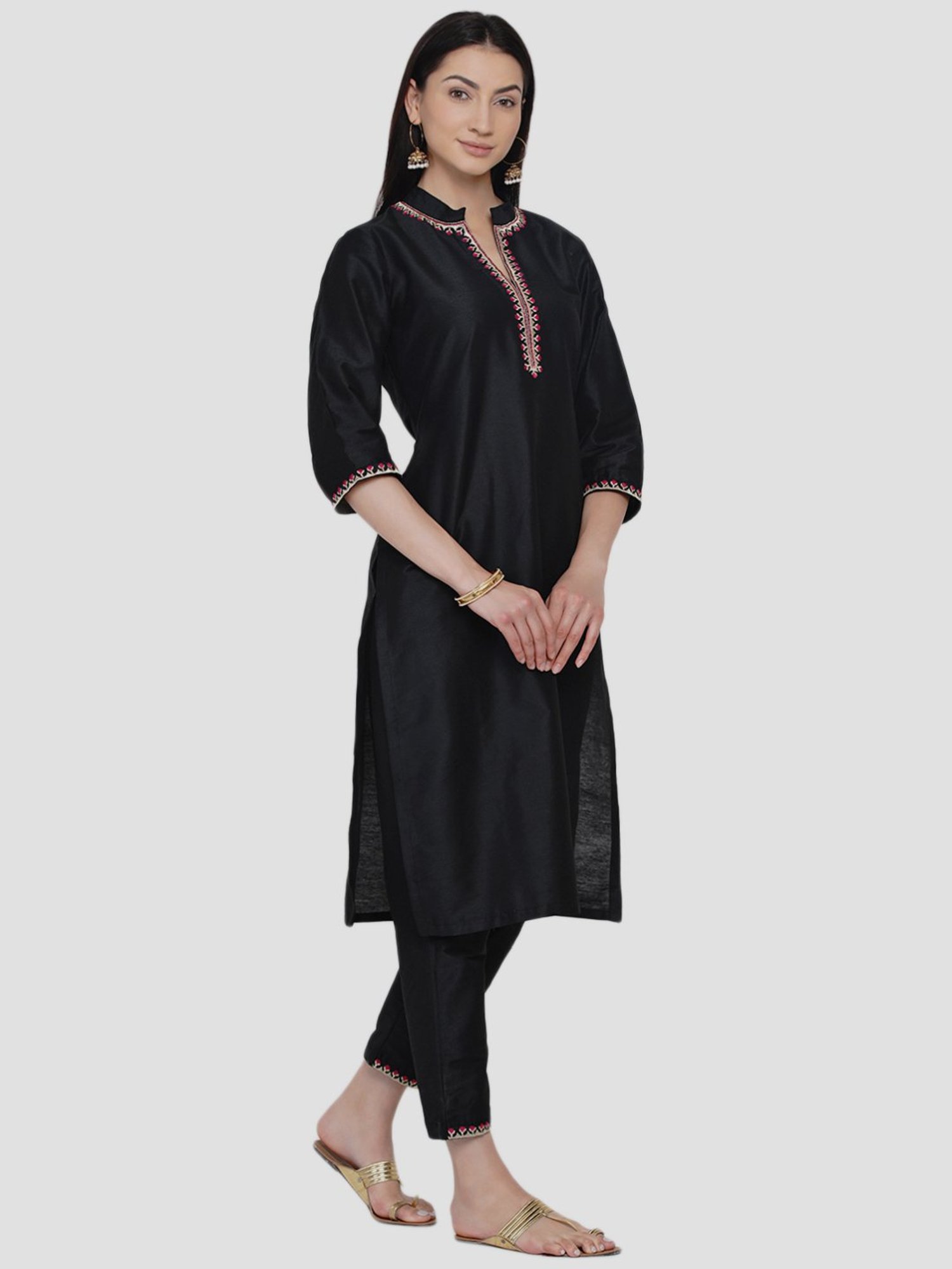 Women Republic Black Cotton Kurta Pant Set With Dupatta