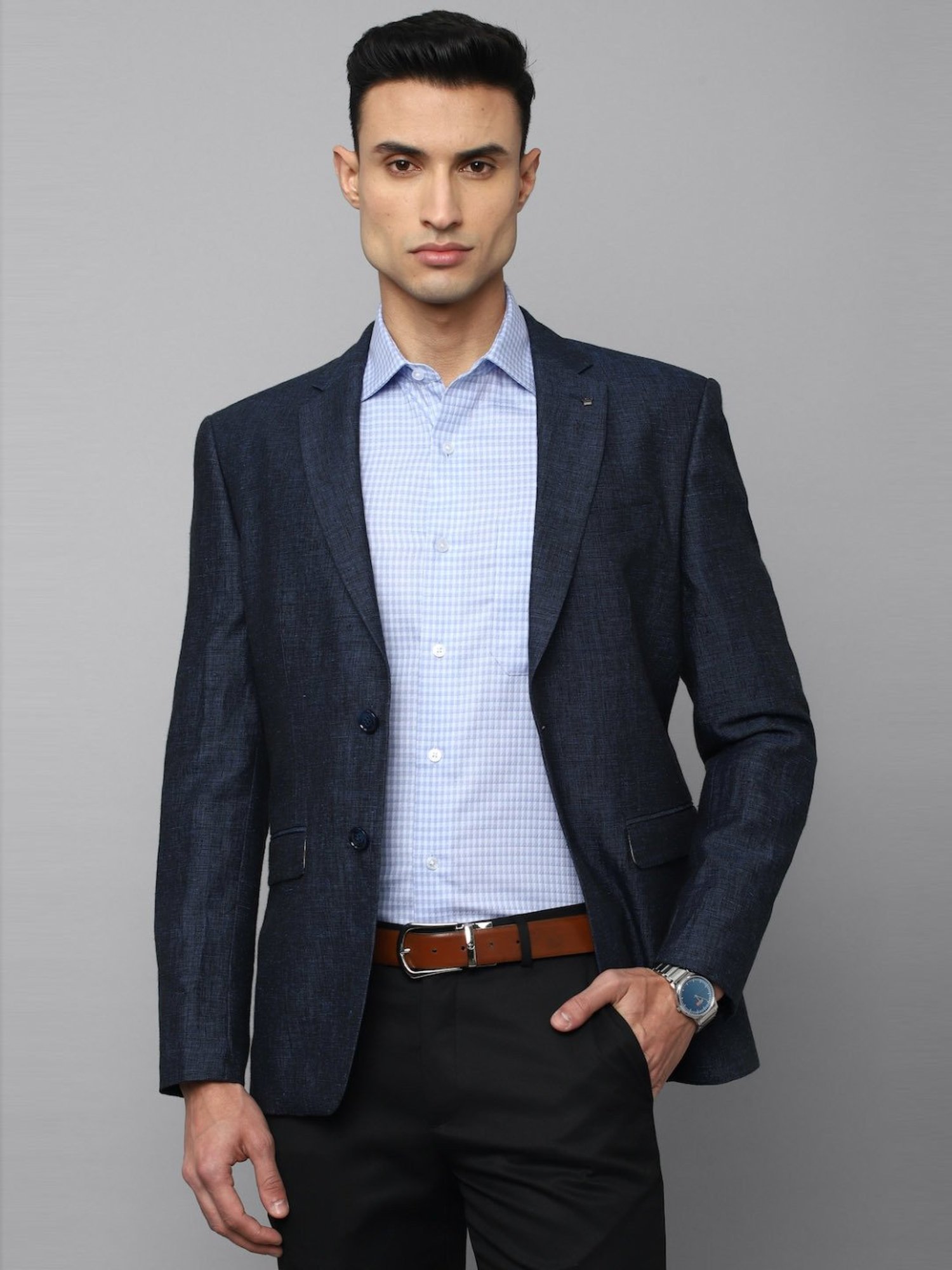 Louis Philippe Navy Linen Slim Fit Texture Blazer