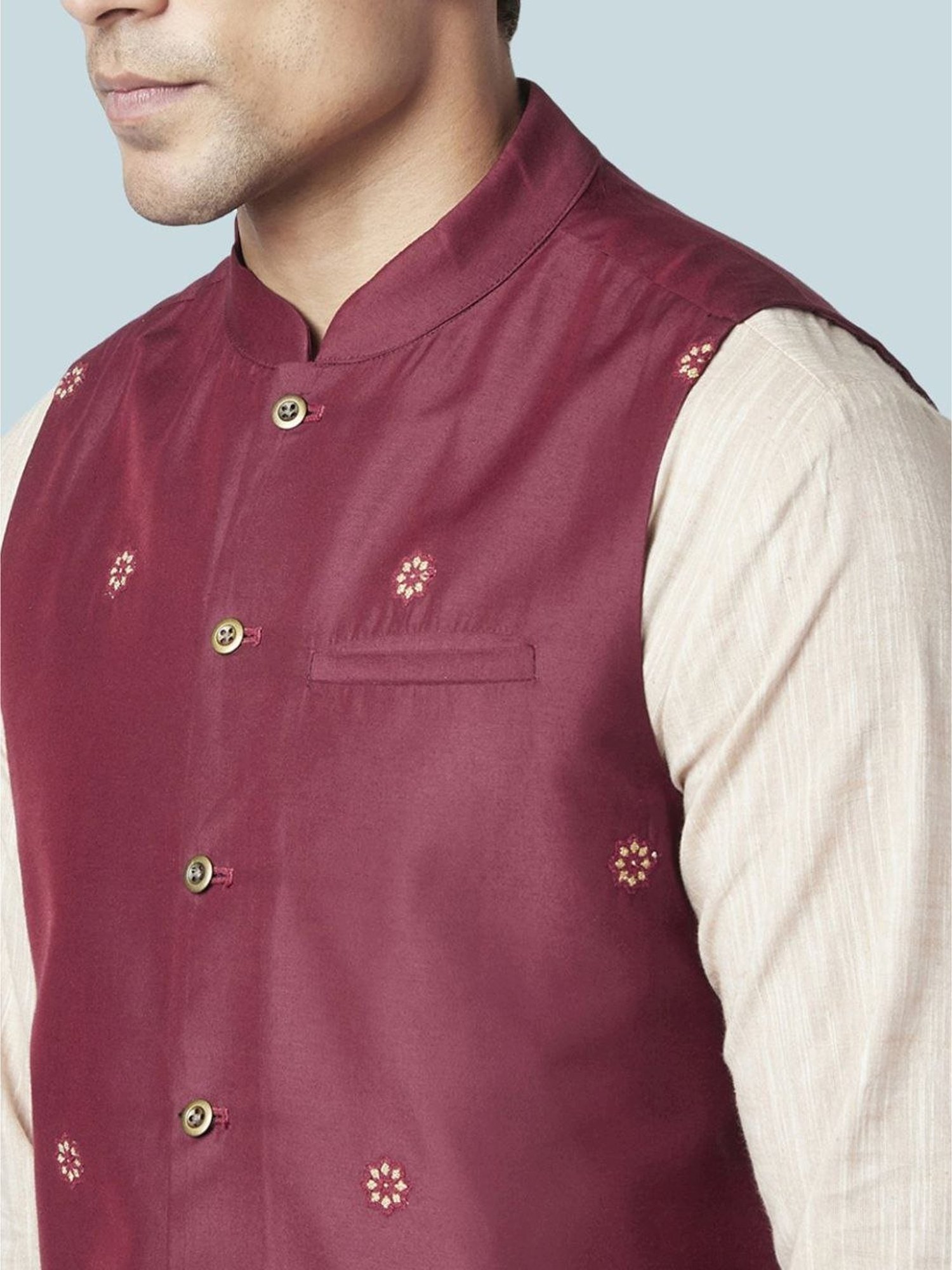 Indus Route By Pantaloons Maroon Regular Fit Embroidered Nehru Jacket