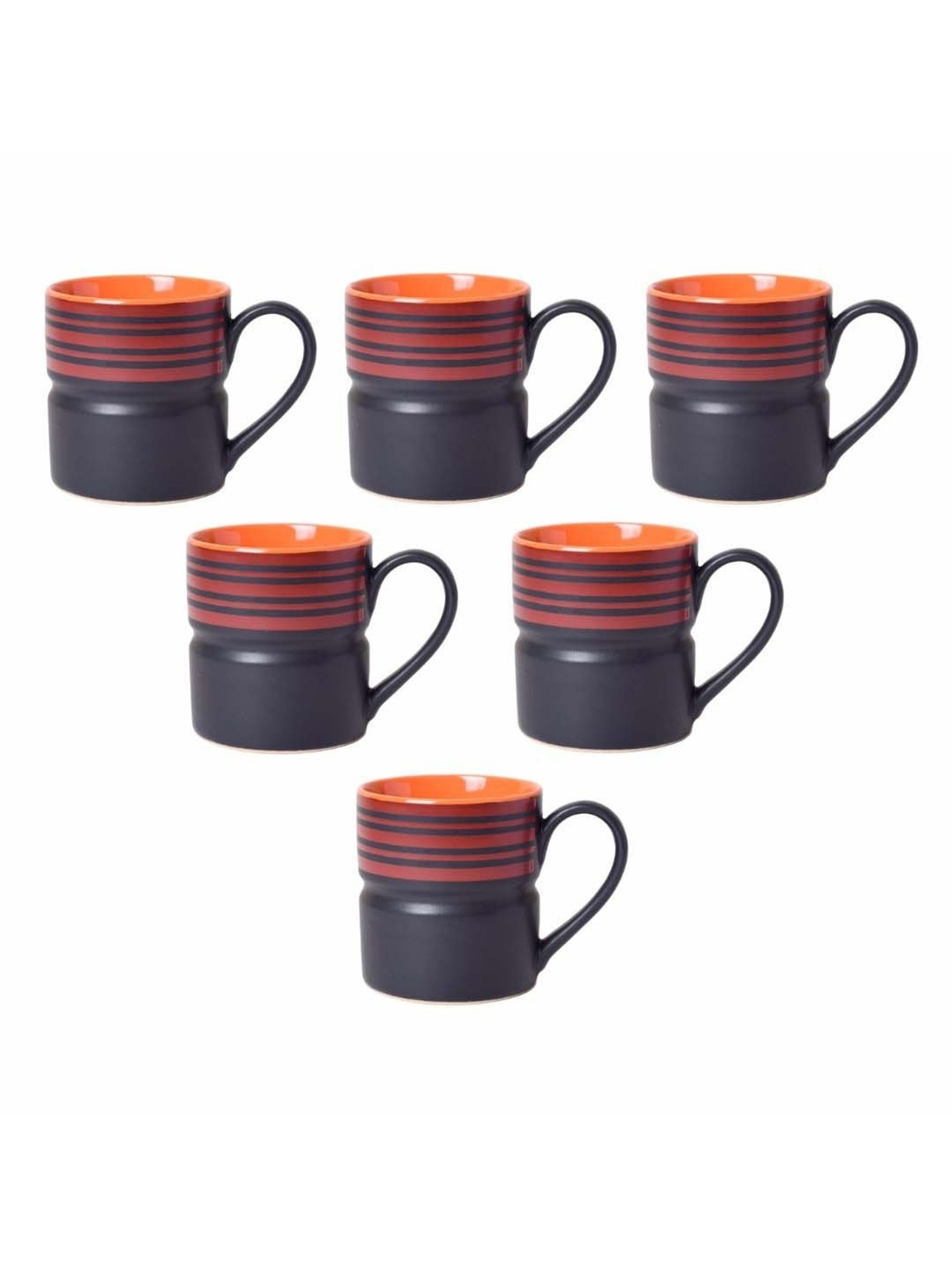 Unravel India Black & Orange Ceramic Matte Work Coffee Cup - Set of 6