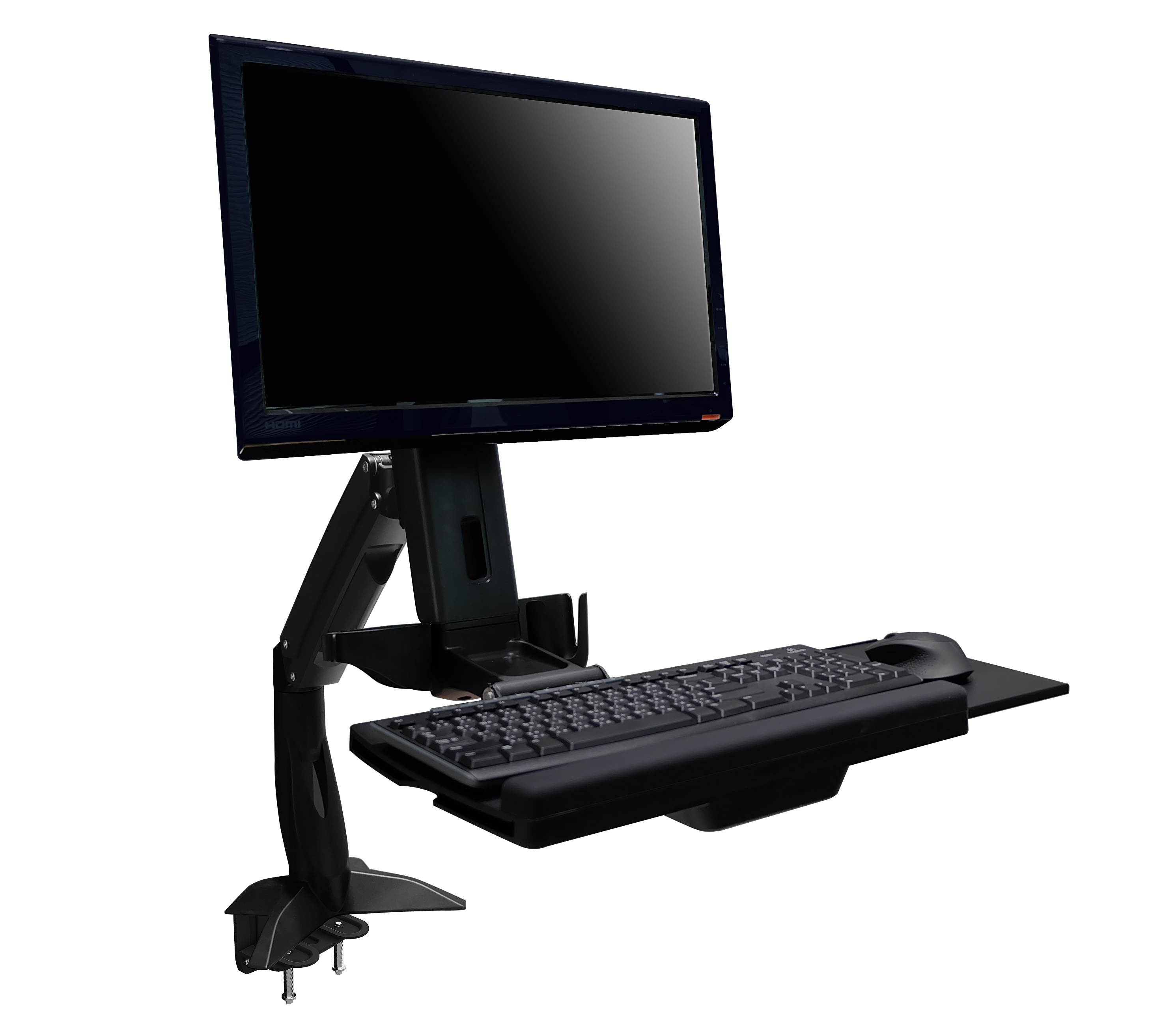 Sit Stand Articulating Arm Clamp Mount. Foldable keyboard tray and retractable mouse pad. Built in holders for Mouse and scanner. Separate monitor adjustments. Supports 24" monitors