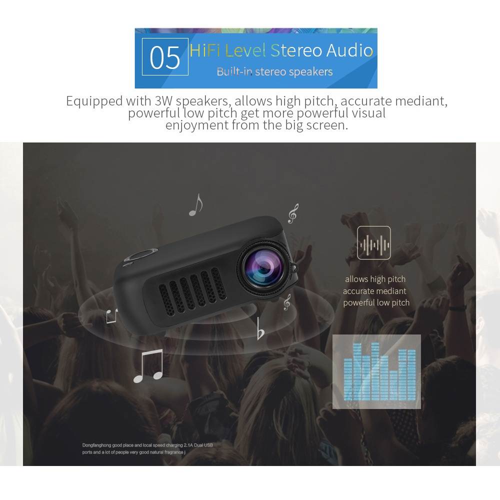 TRANSJEE Mini Portable LCD Projector Support 1080P TF Card USB Devices HiFi Stereo Audio Home Theater Projector Black US Plug