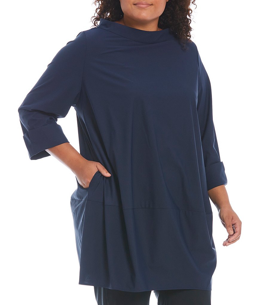 IC Collection Plus Size Stretch Woven Funnel Neck Stand Collar 3/4 Sleeve Tunic