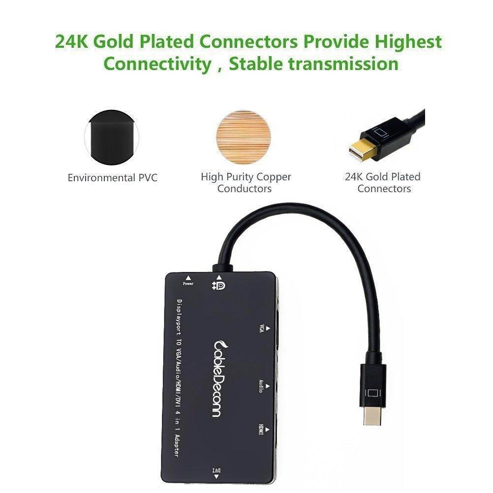 CableDeconn 4-in-1 Mini Displayport (Compatible Thunderbolt) to Hdmi dvi vga Adapter Cable with Audio Output Converter for Apple Macbook Air  Supports 3 Monitors At the Same Time