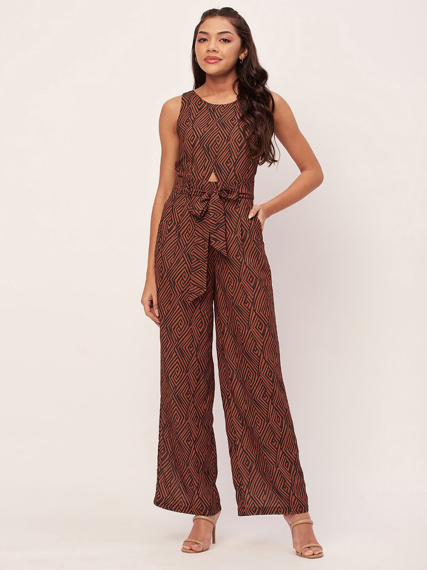 Moomaya Rust & Brown Printed Jumpsuit