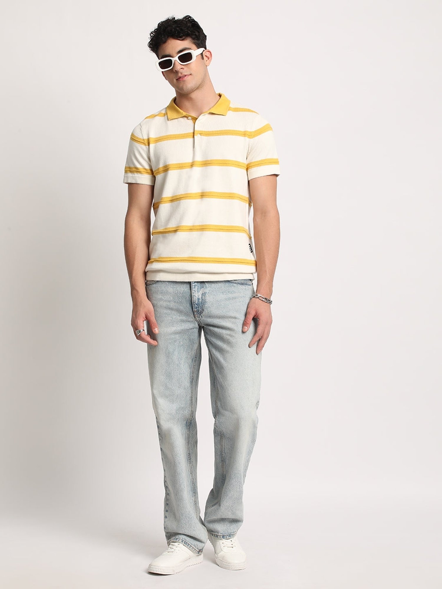 The Bear House Cream Cotton Regular Fit Striped Polo T-Shirt