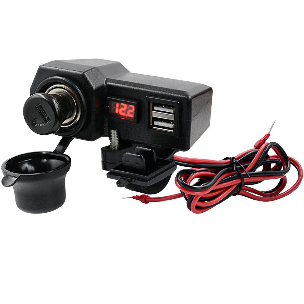 Waterproof 5V 3.4A Motorcycle Dual USB Phone Charger 10V-24V with Voltage Display Voltmeter with On Off Switch with Cigar lighter for Phones GPS (Black)