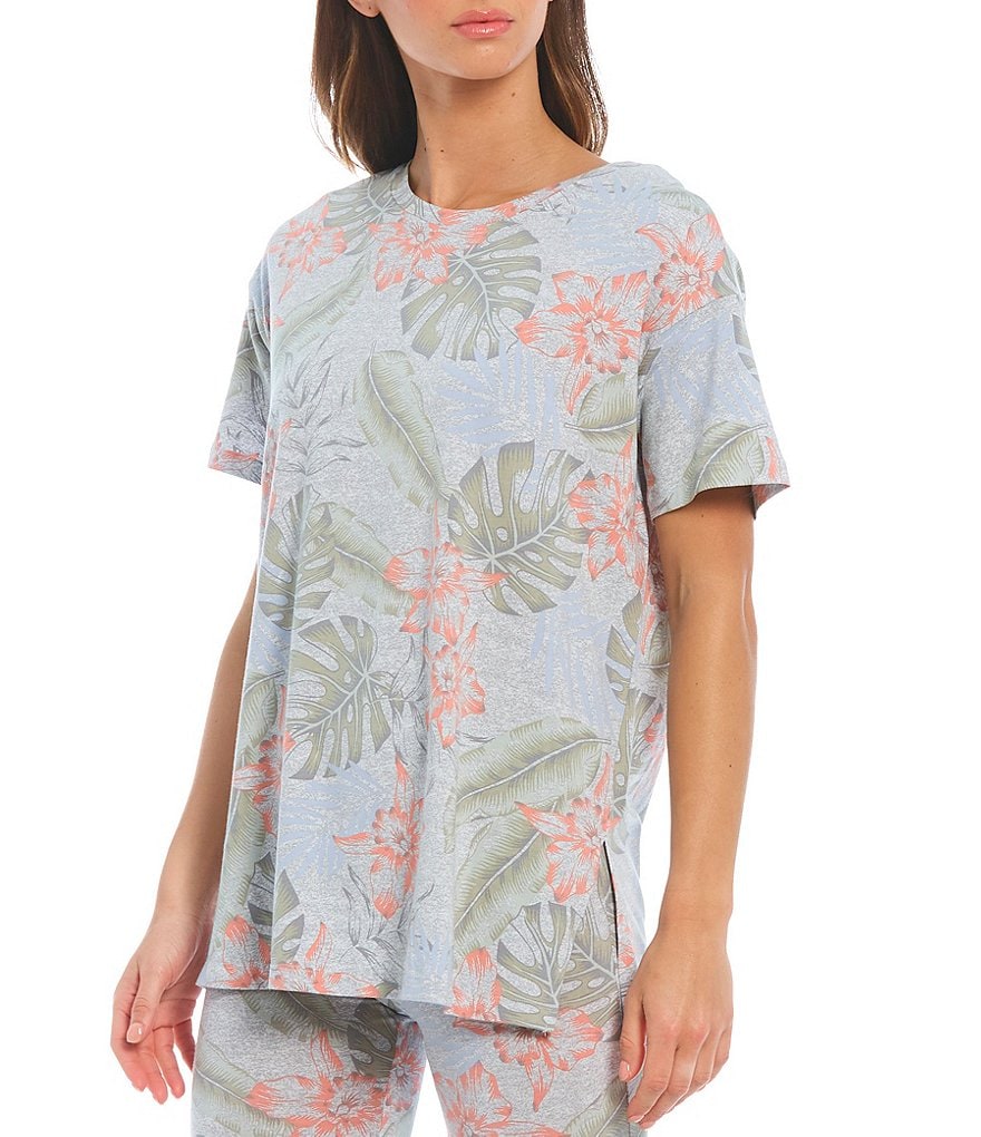 Jasmine & Ginger Tropical Print Round Neck Short Sleeve Coordinating Knit Sleep Tee