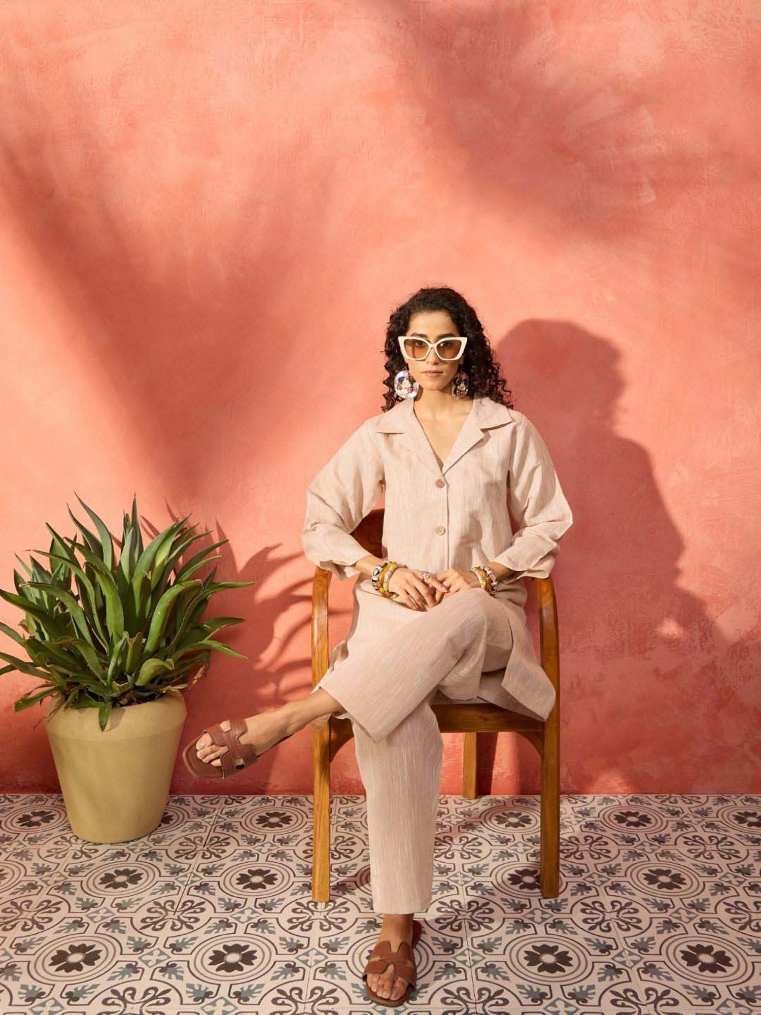 Inweave Beige Cotton Textured Pattern Kurta & Pant Set