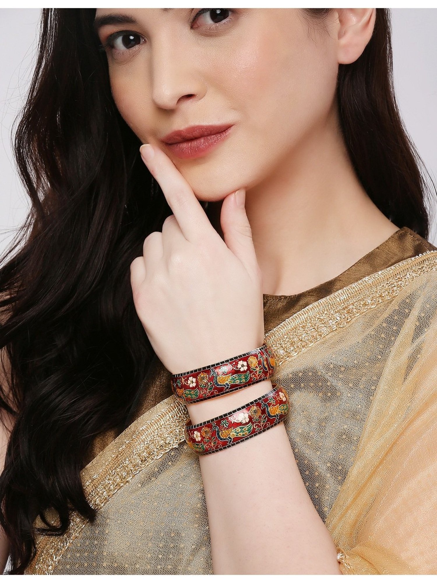 Oomph Jewellery Red & Green Meenakari Peacock Floral Design Brass Bangles - Set of 2