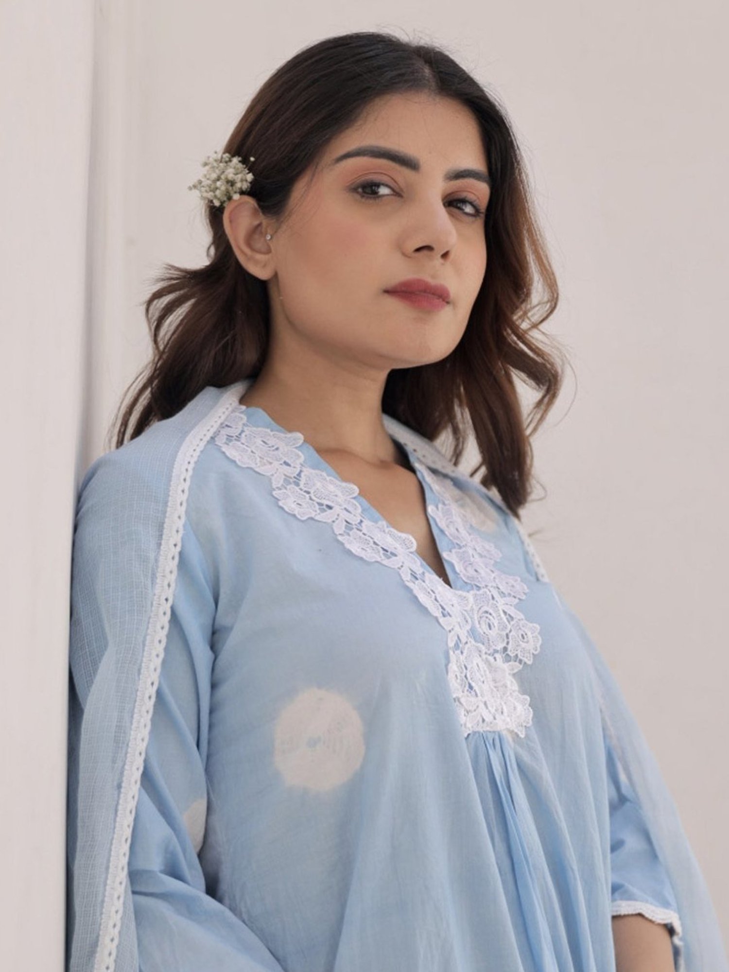Asrumo Blue Sukoon Summer Cotton White Lace Straight Kurta with Pant and Doriya Dupatta Set