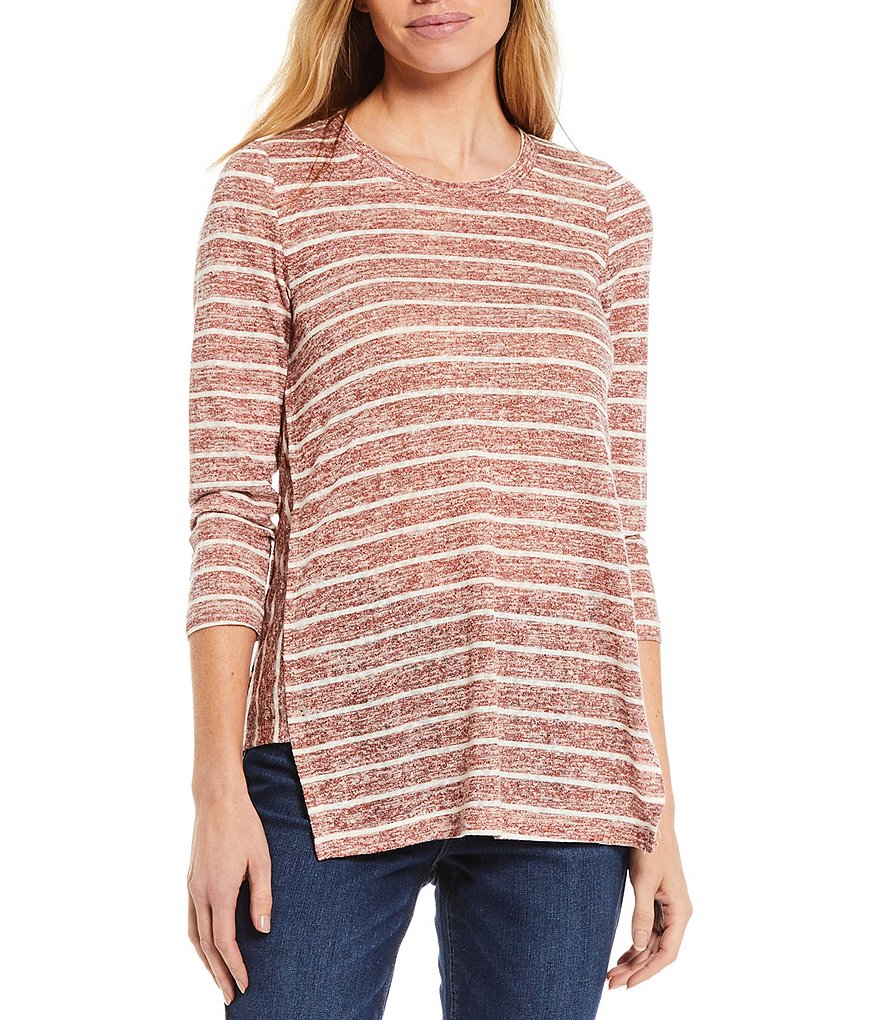 Bobeau Stripe Print Knit 3/4 Sleeve Side Panel Detail Hi-Low Tunic