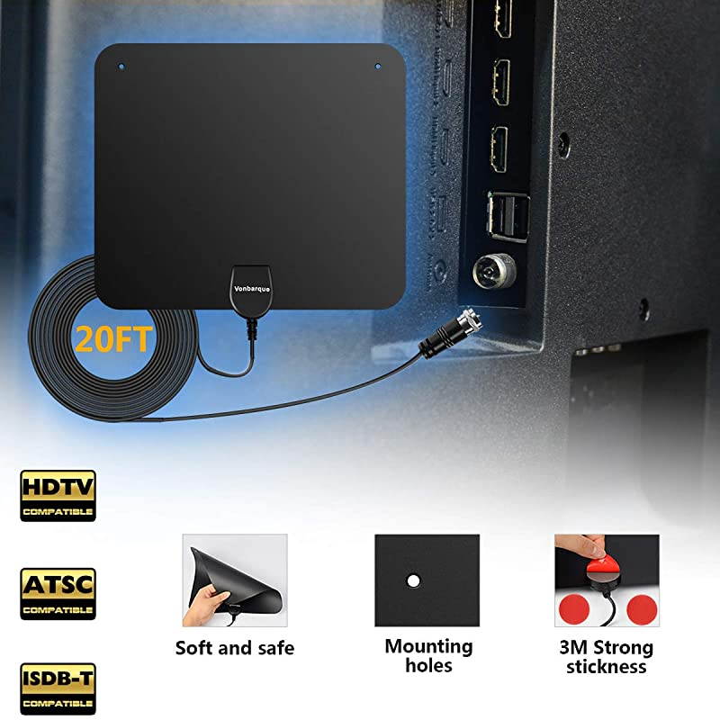 TV Antenna 20ft Coax Cable Amplified HD Digital Indoor HDTV Antenna 100 Mile Range with USB Power AdapterSupport 4K 1080P UHF VHF Freeview HDTV Channels