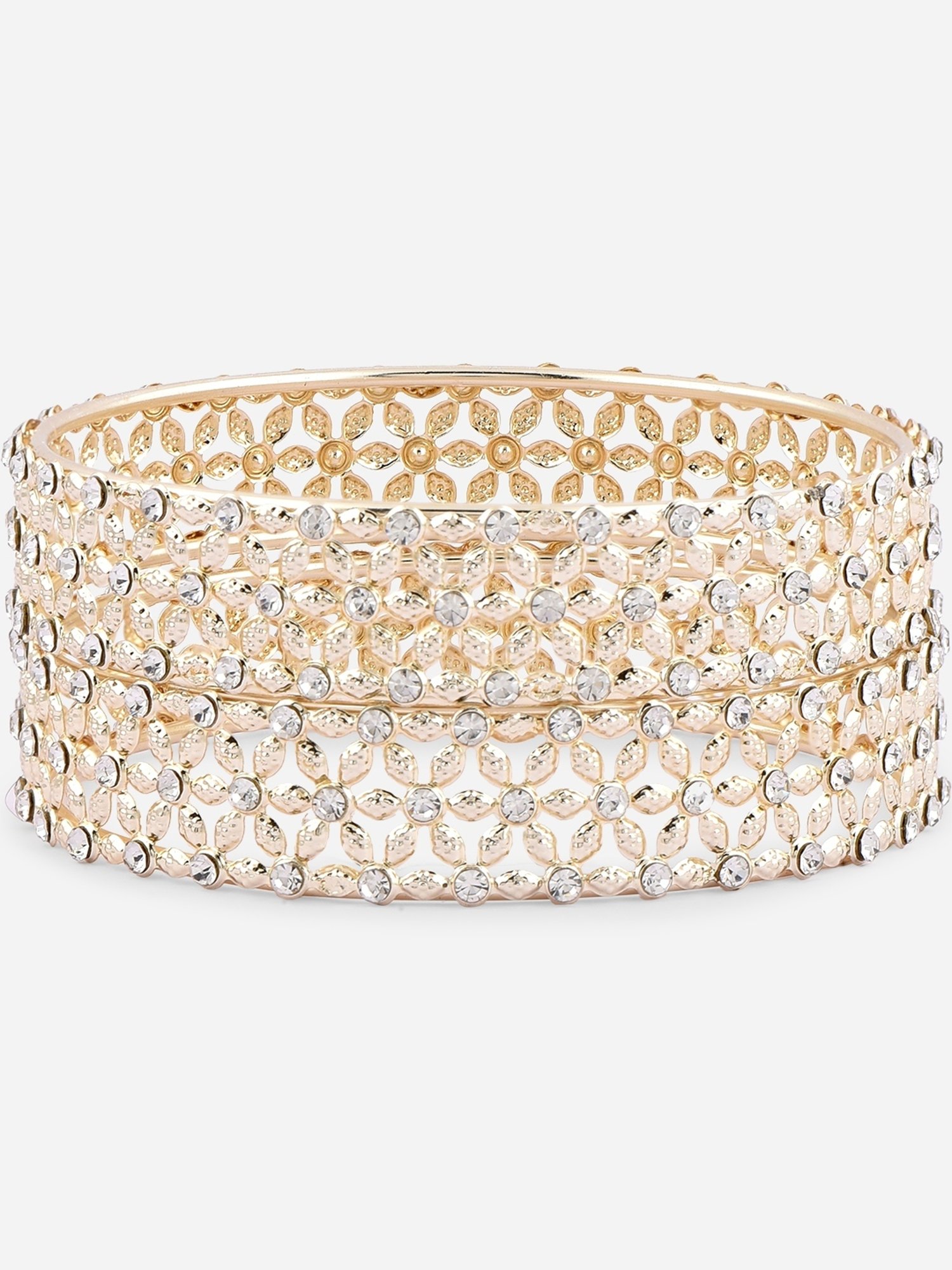 ToniQ Classy Gold-Plated Floral Cz Stone Studded Ethnic Bangle - Set of 2