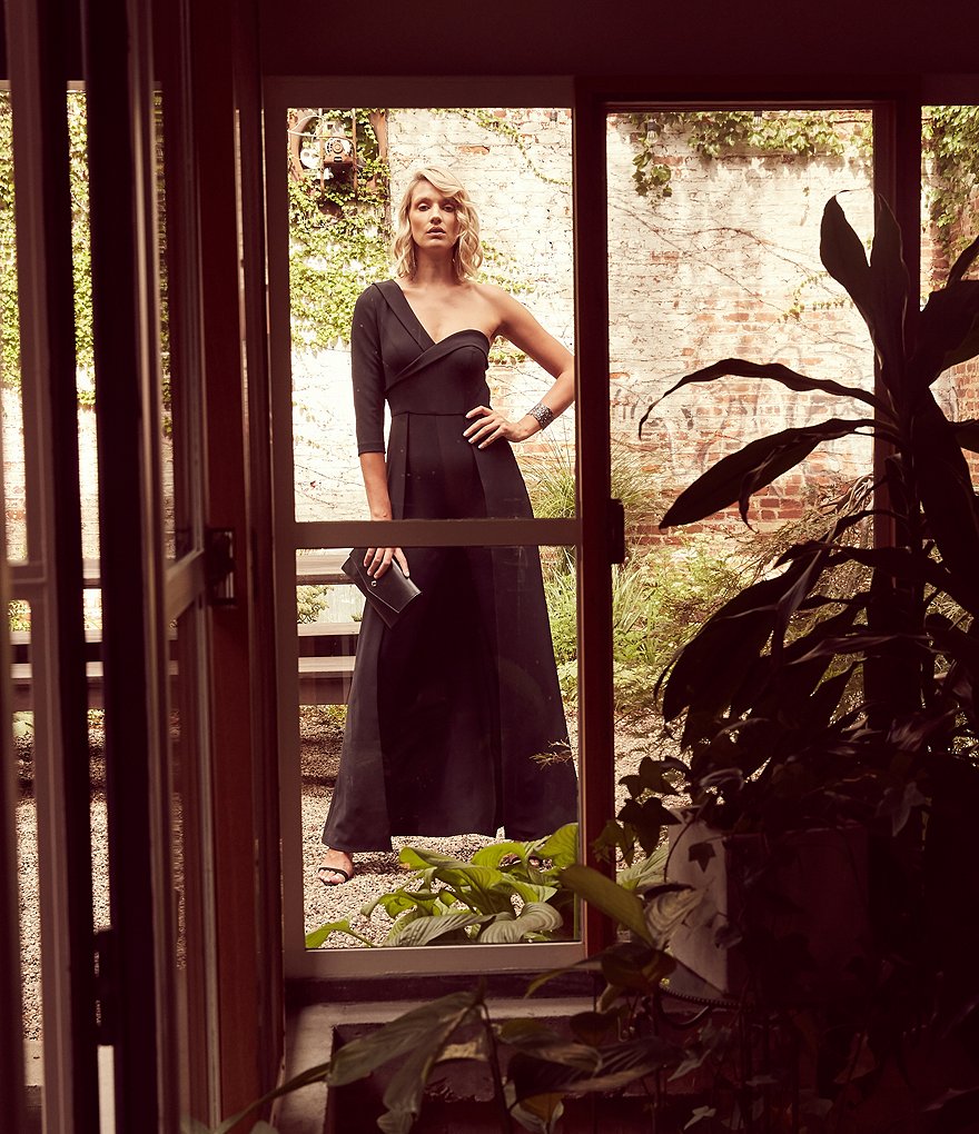 Kay Unger One Shoulder Stretch Crepe Walk Thru Jumpsuit Dress