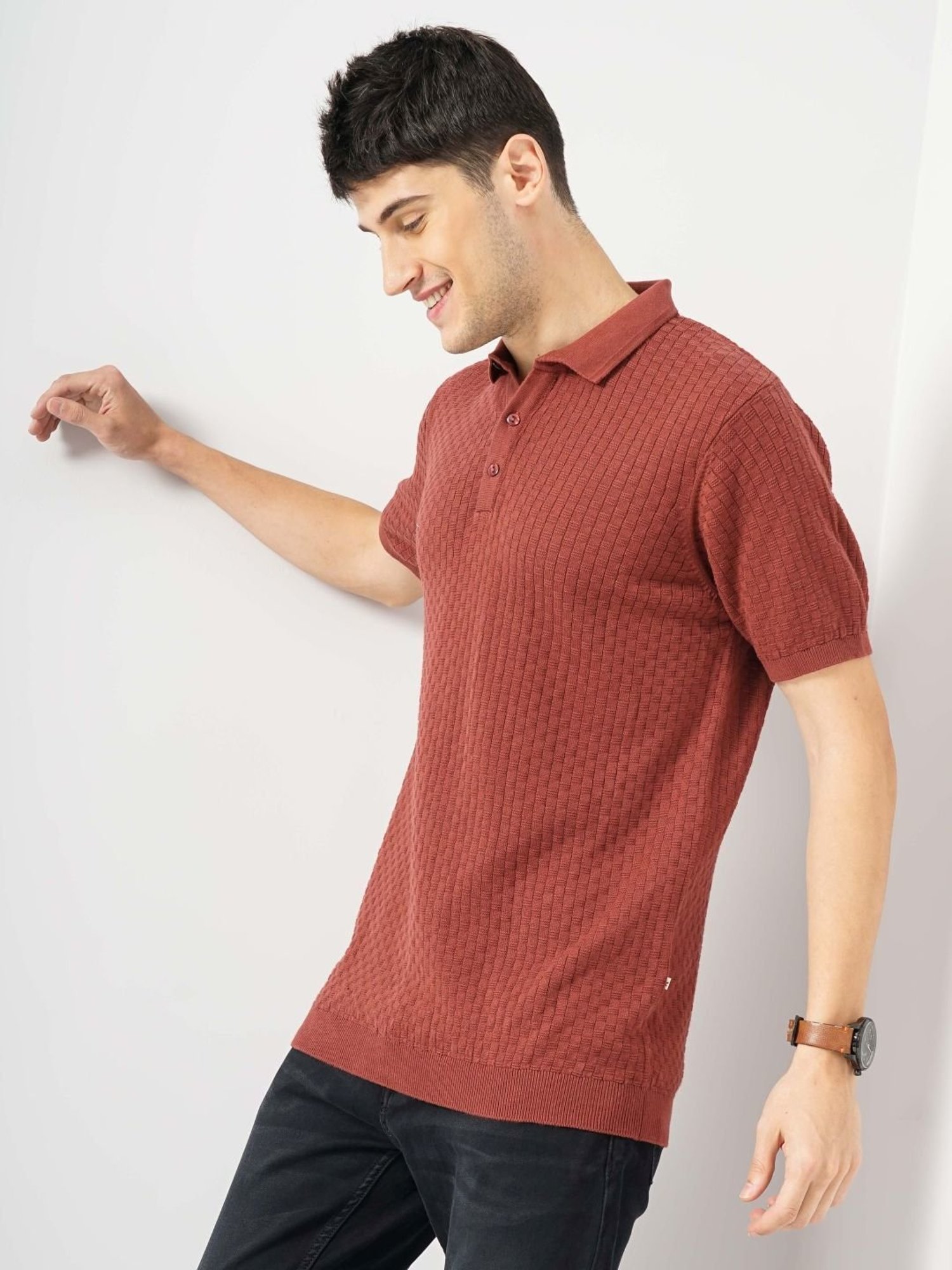 Celio Dk Brown Cotton Regular Fit Striped Polo T-Shirt