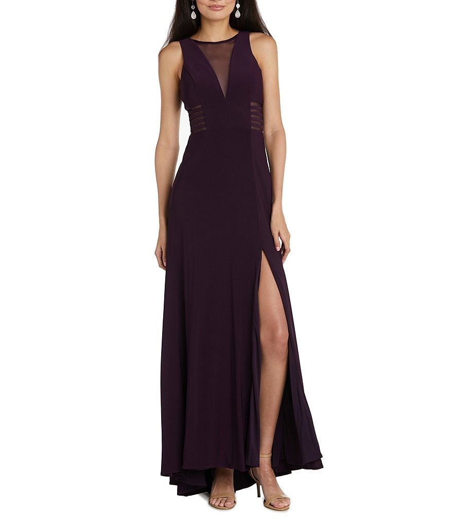 Morgan & Co. Power Mesh Deep V Plunging Neck Long Dress