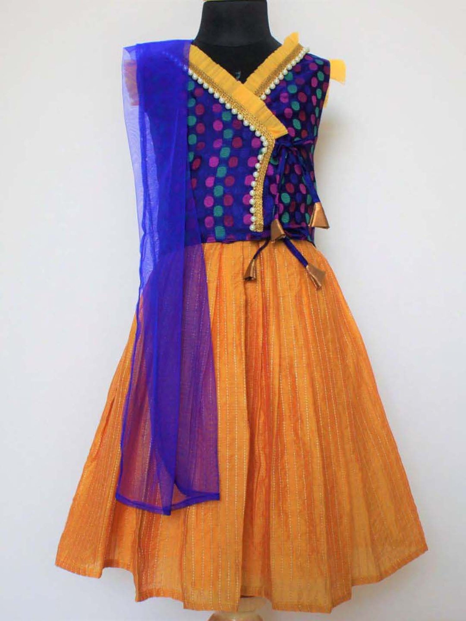 Many Frocks Kids Blue & Mustard Printed Lehenga Choli