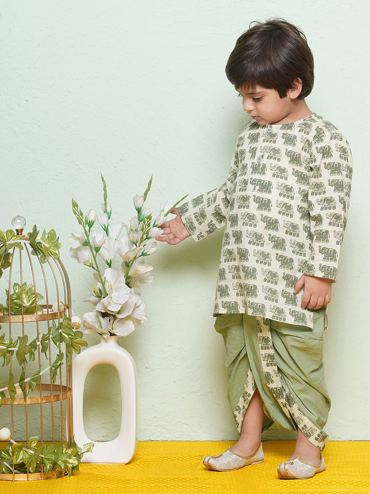 AJ Dezines Kids Green & White Printed Full Sleeves Kurta with Dhoti