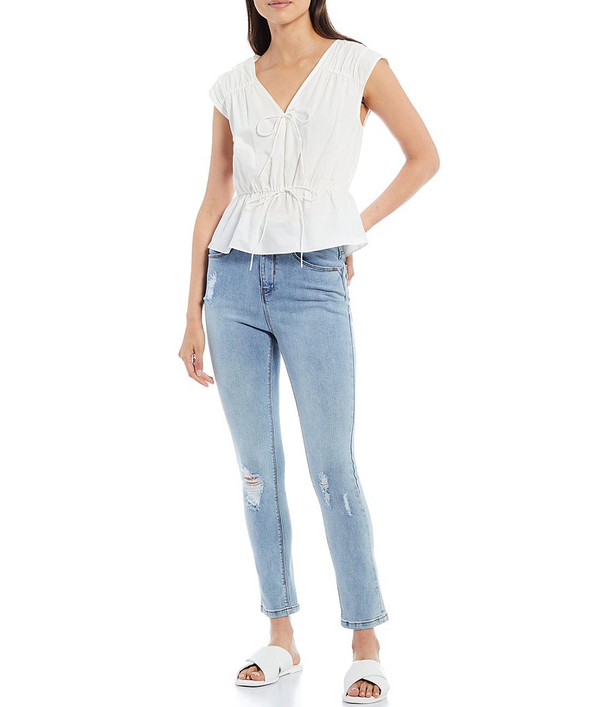 A Loves A Cinched Yoke and Waist Peplum Cap Sleeve Blouse