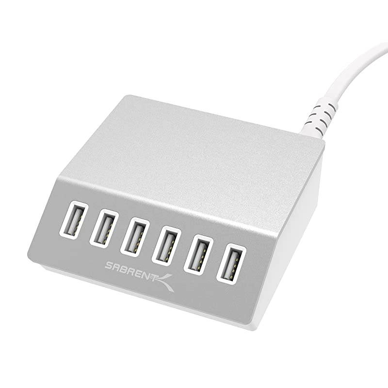 Premium 60 Watt 12 Amp 6Port Aluminum FamilySized Desktop USB Rapid Charger Smart USB Charger with Auto Detect Technology Silver AXFLCH