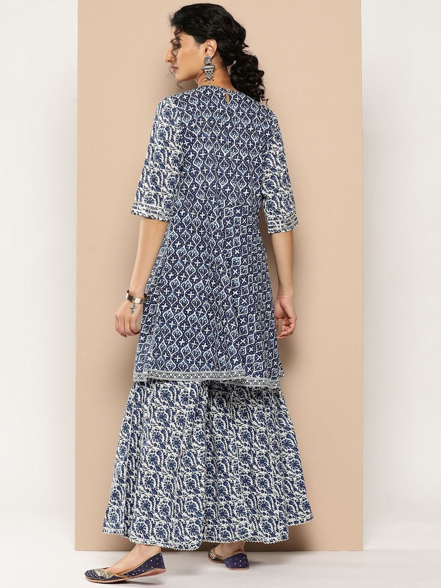 KSUT Blue Cotton Printed Kurti Sharara Set