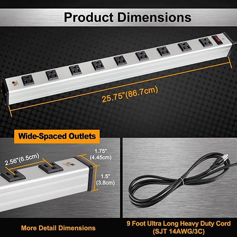 9 Outlet Wide-Spaced Metal Power Strip with 9 Foot Long Extension Cord, 15A/125V/1875W, Heavy Duty Aluminum Alloy Housing, ETL Listed, Silver