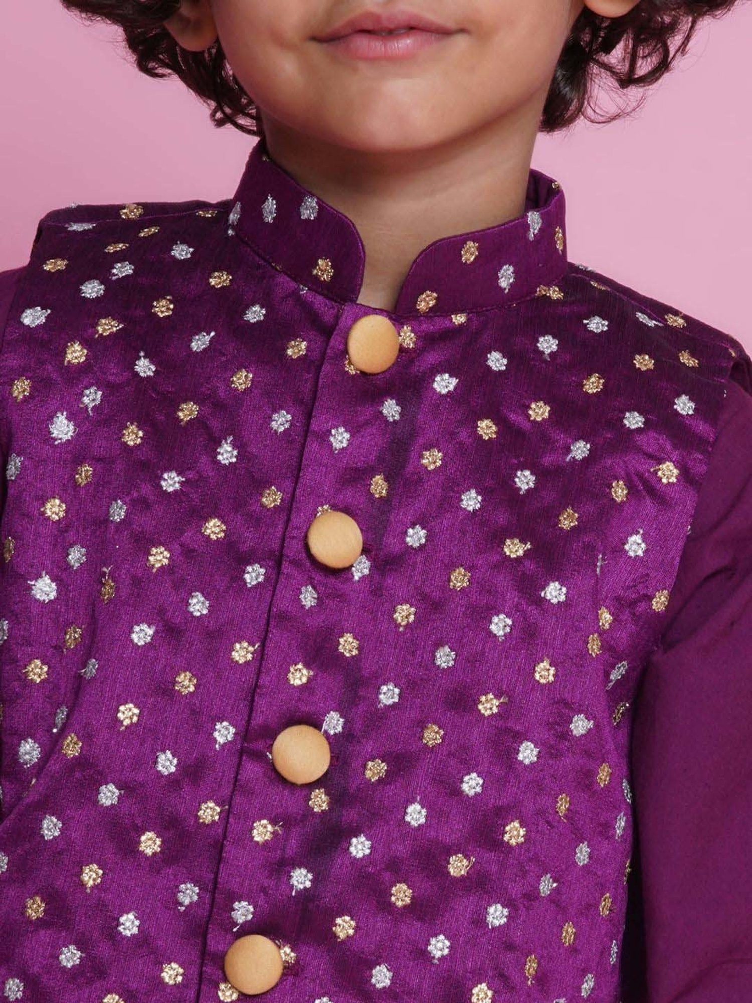 Little Bansi Boys Purple Cotton Self Full Sleeves Kurta Set