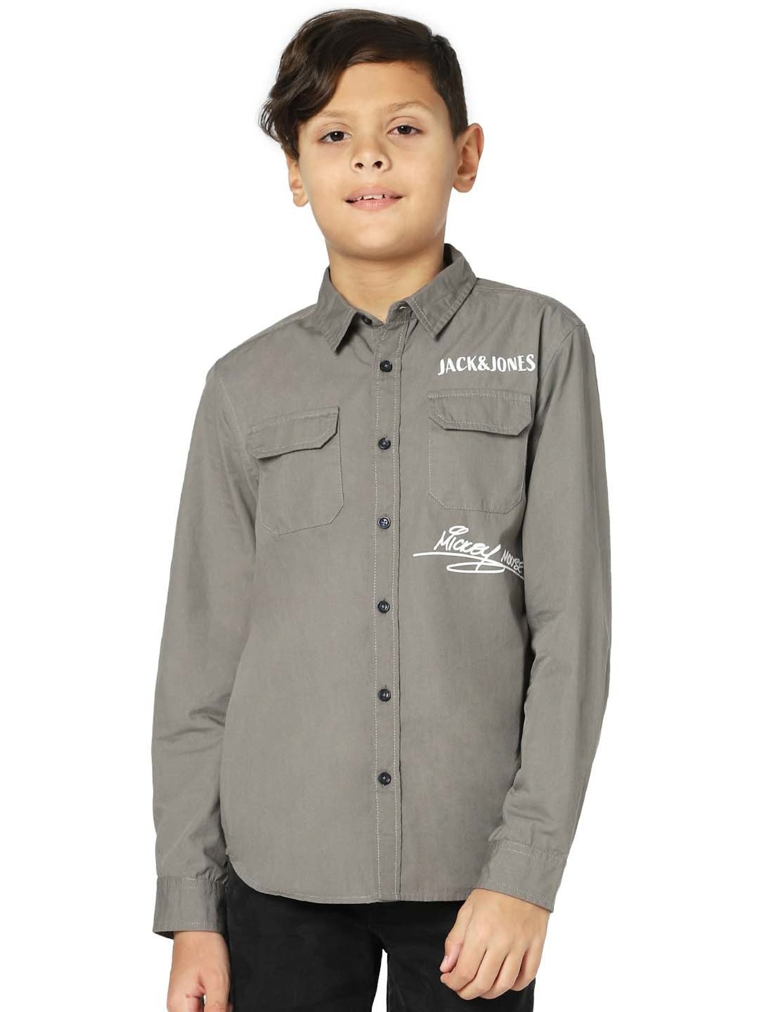 Jack & Jones Junior Charcoal Grey Cotton Printed Full Sleeves Shirt