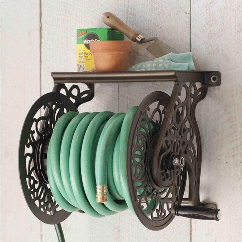 Liberty Garden LBG-704 125' of 5/8" Hose Steel Decorative Garden Hose Wall Mounted Reel for Backyard, Garden, or Home, Bronze