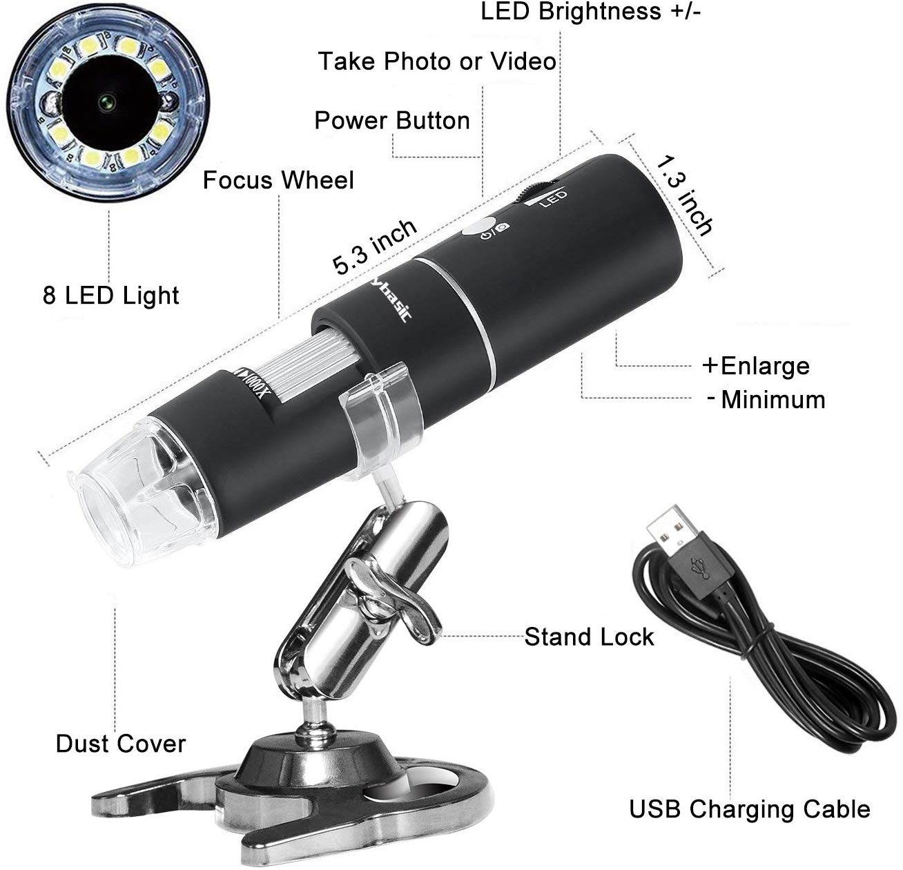 WiFi Digital Microscope Built In WiFi Wireless Digital Microscope Camera with 1080P HD 2MP 50x To 1000x Magnification Endoscope for Android, IOS, Smartphone, Tablet, Widows, IPad, Mac PC