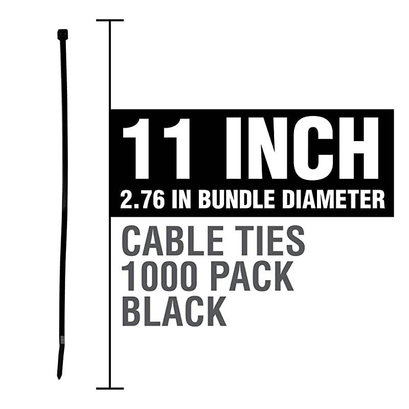 ZipIts Cable Ties 11-in 75 Lb Tensile Strength Standard Duty Self Locking UV Resistant Black Zip Ties, 1,000 Pack, UL Listed, Contractor Quality and Strength