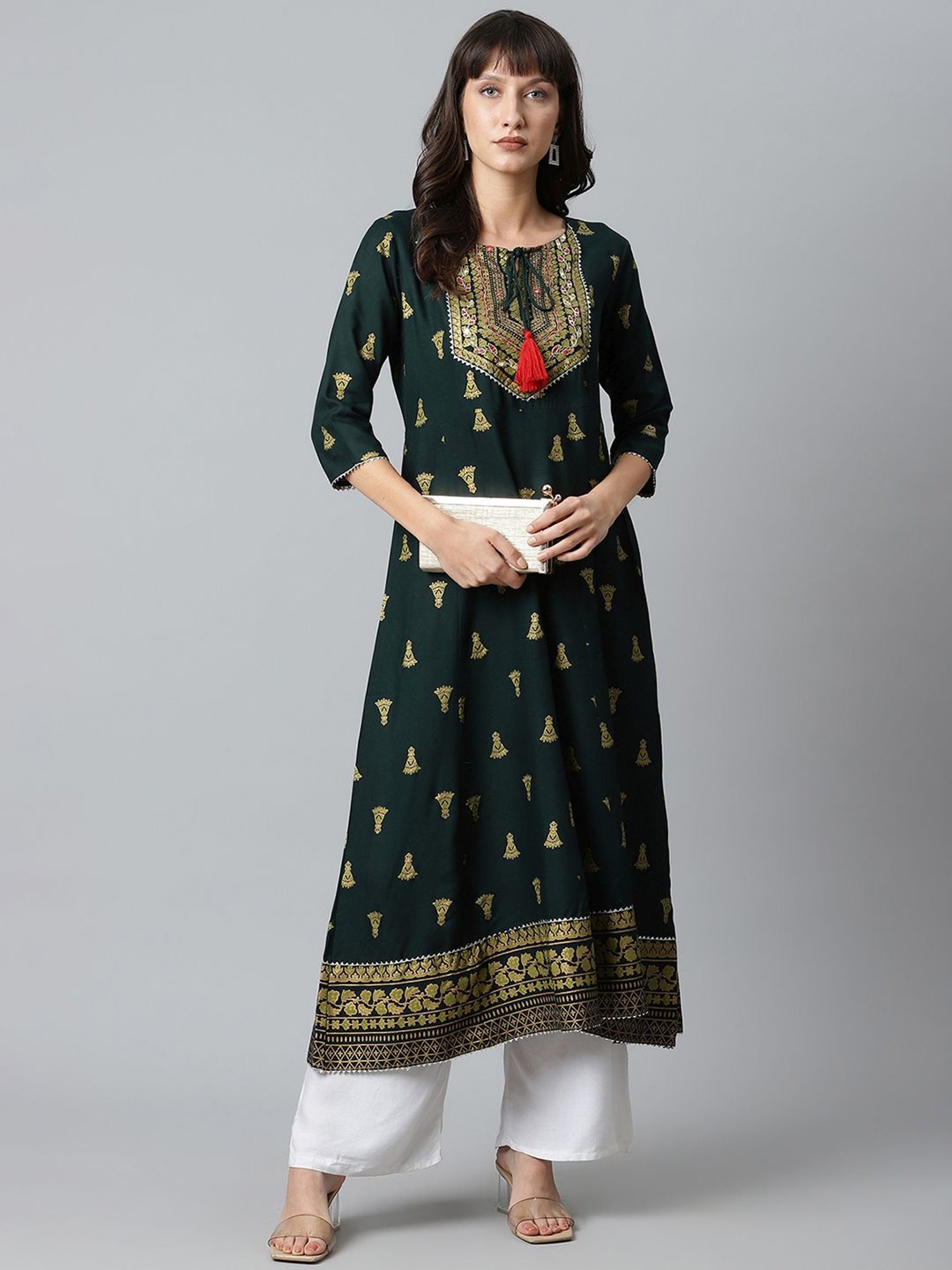 Sringam Green Embroidered A Line Kurta