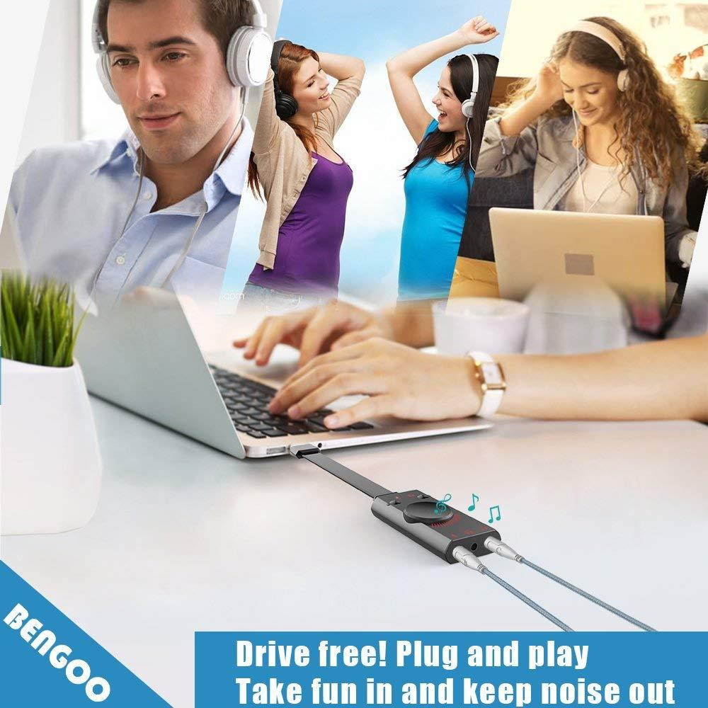 USB Sound Card Adapter BENGOO External Audio Adapter Stereo Sound Card Converter 3.5mm AUX Microphone Jack for Gaming Headset Earphone PS4 Laptop Desktop Windows Mac OS Linux, Plug Play