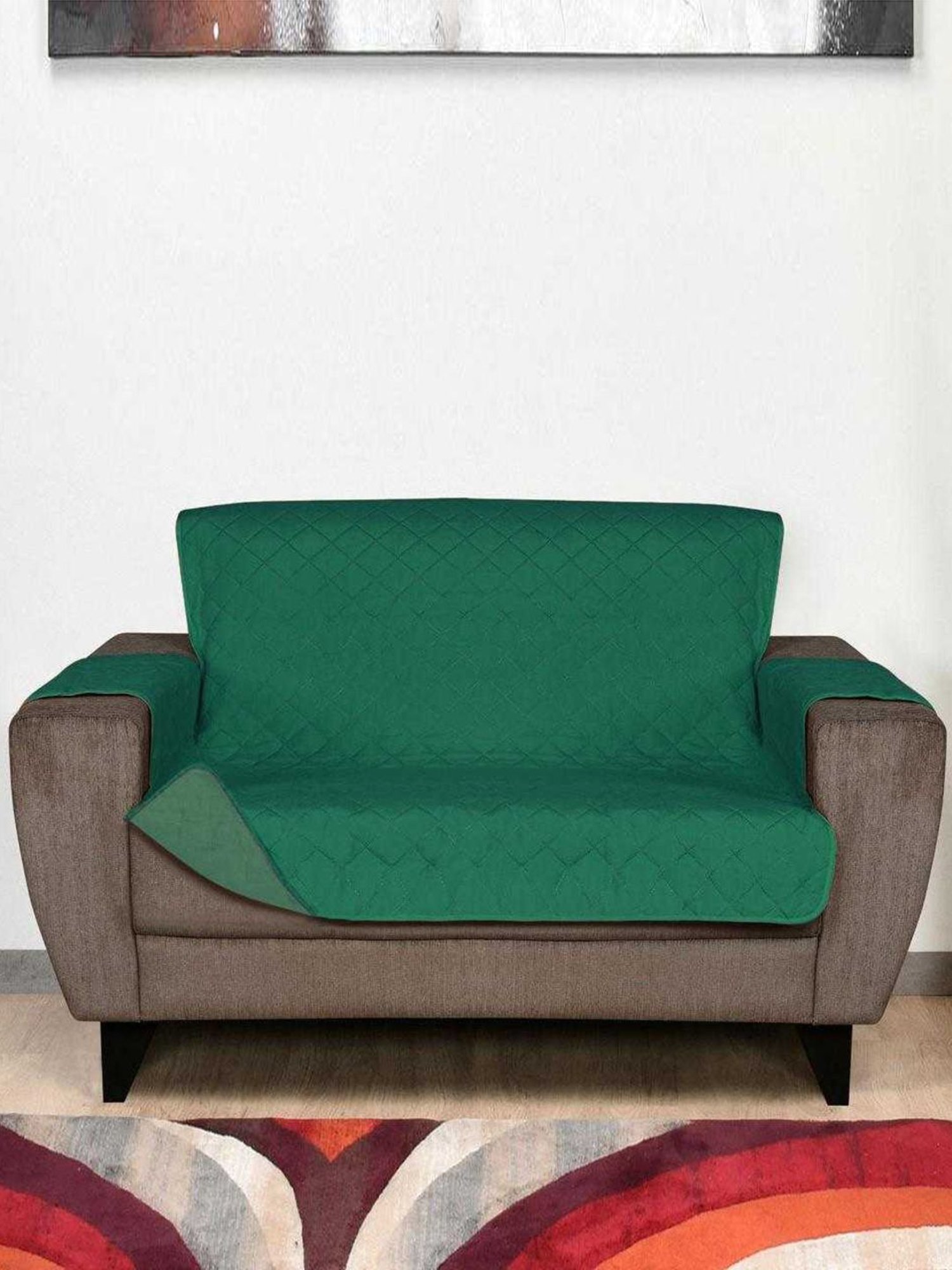 @home EMERALD & GREEN Solid Polyester Quilted Reversible 2 Seater Sofa Cover