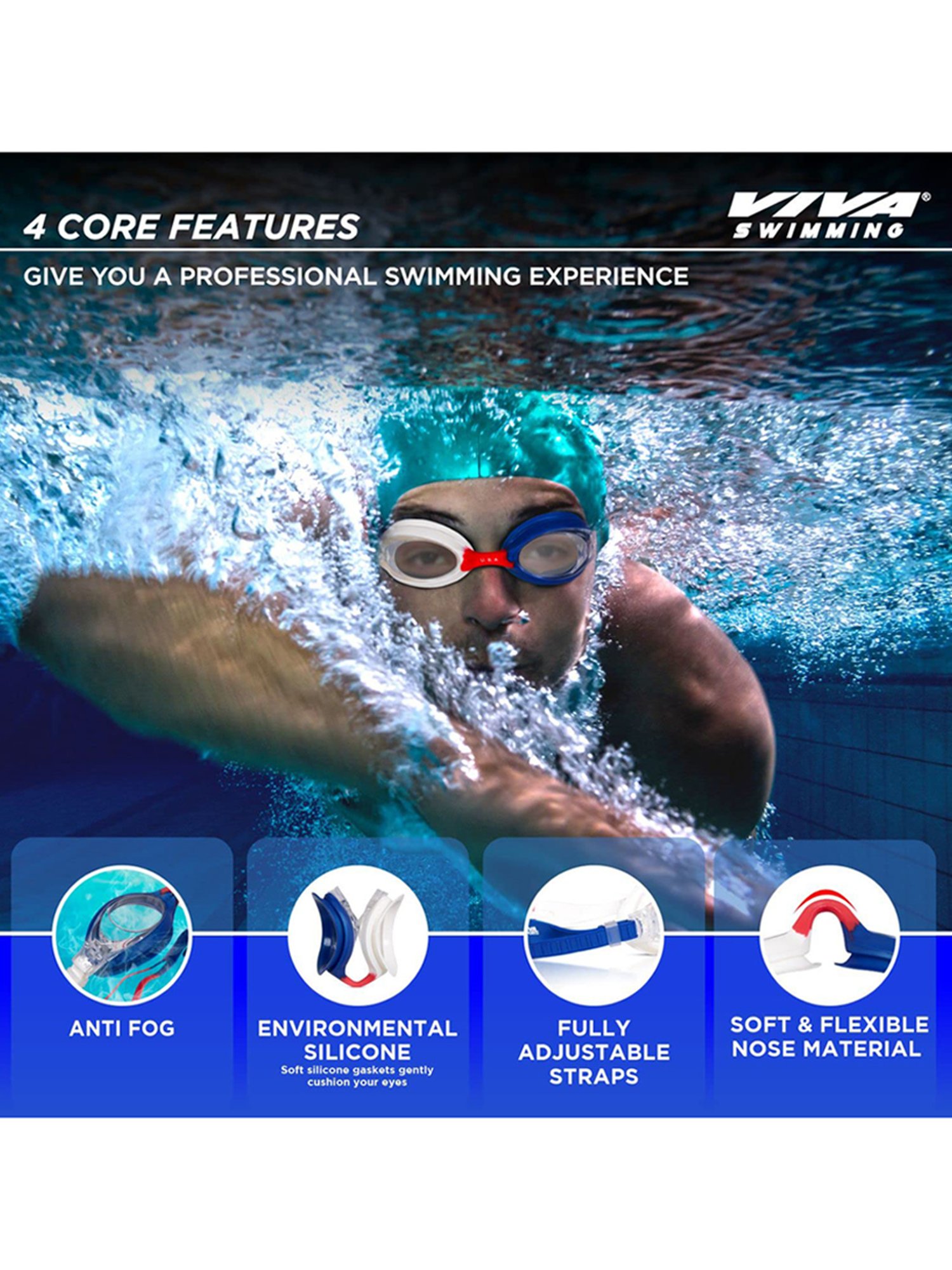 Viva Swimming Counrty High Performance Double Silicone Strap Anti Fog Googgle (Multicolor)