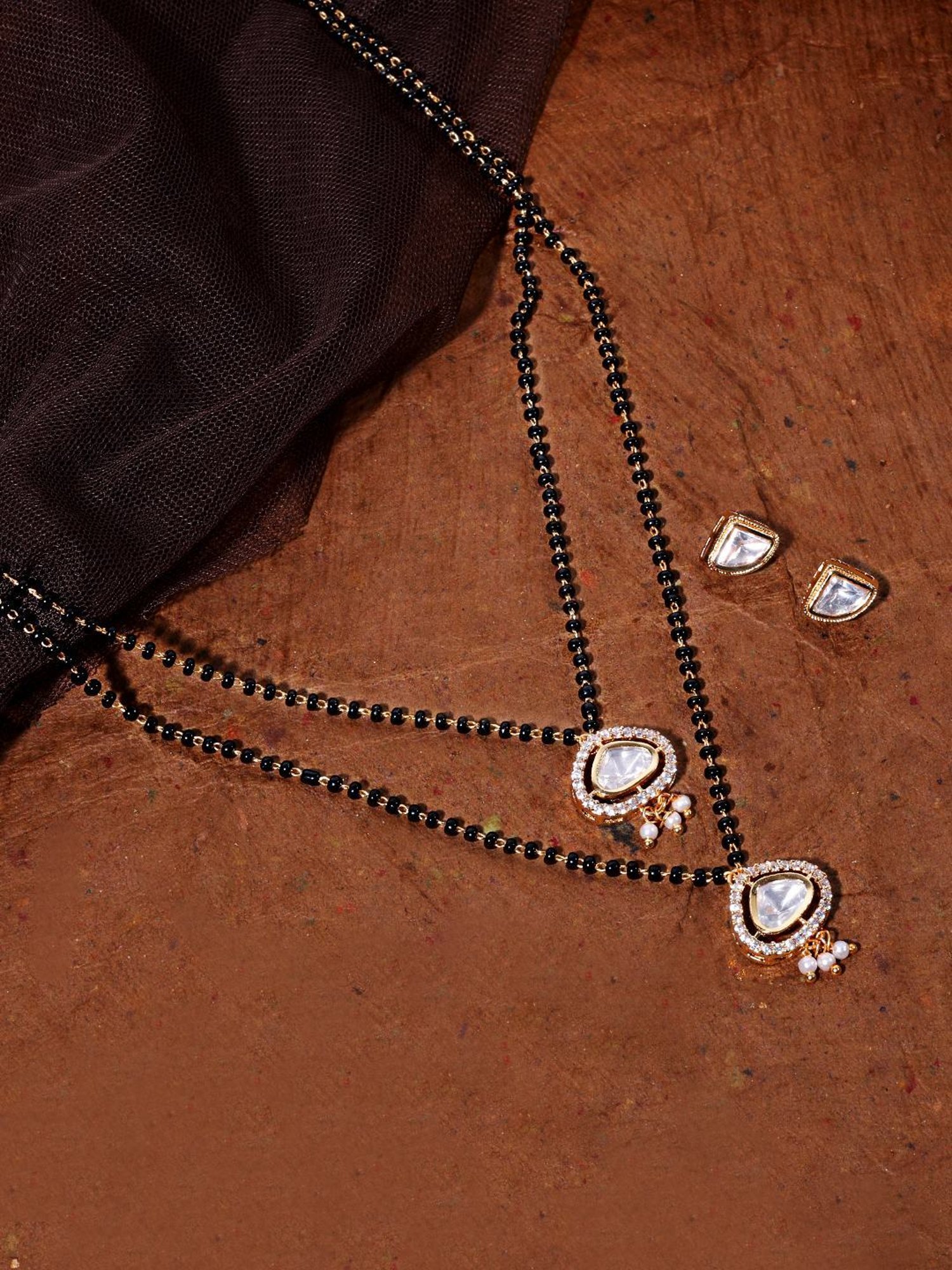 Abdesigns Gold-Plated American Diamond & Black Beaded Mangalsutra