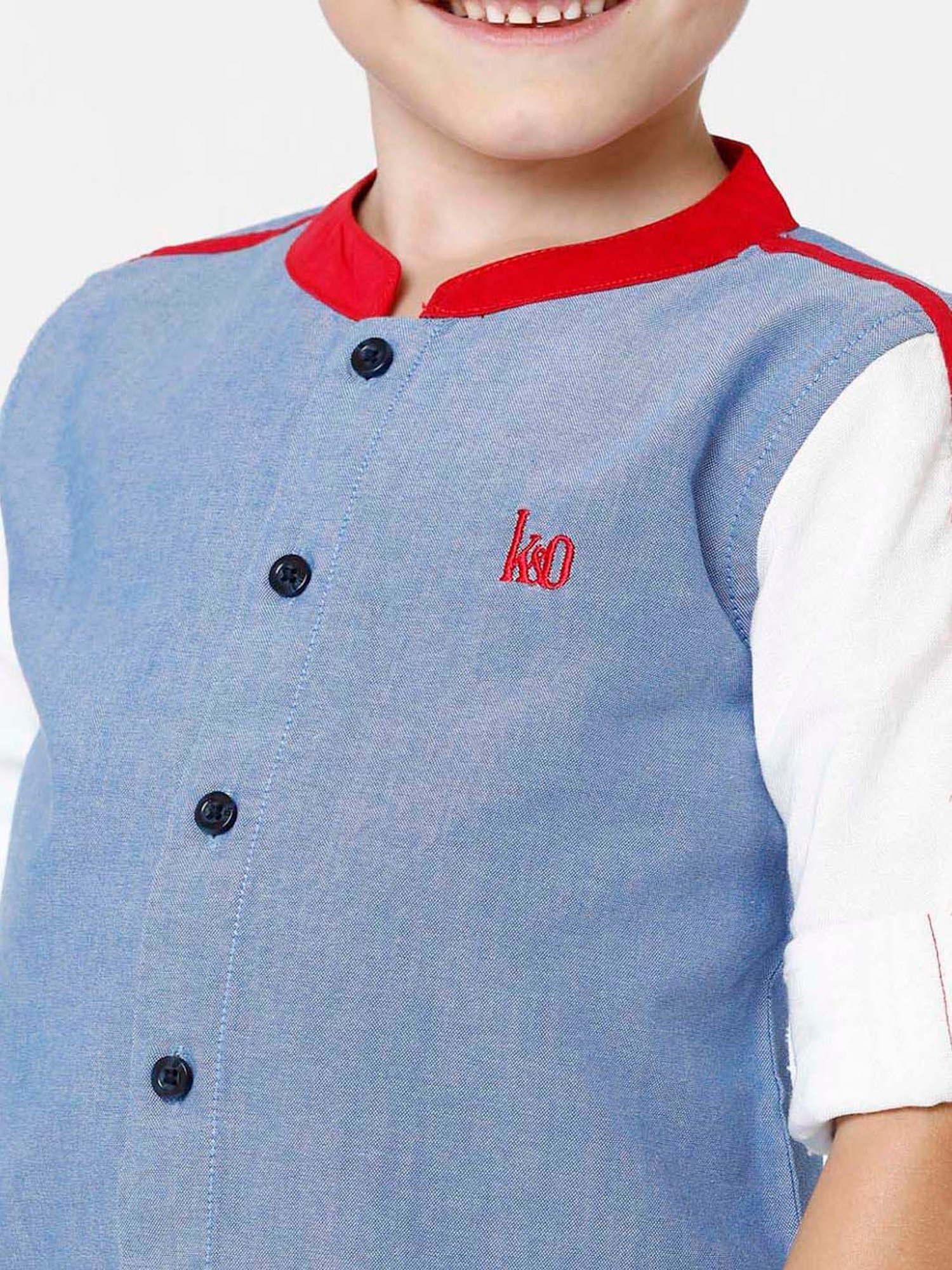 Kate & Oscar Kids Blue & White Cotton Embroidered Full Sleeves Shirt