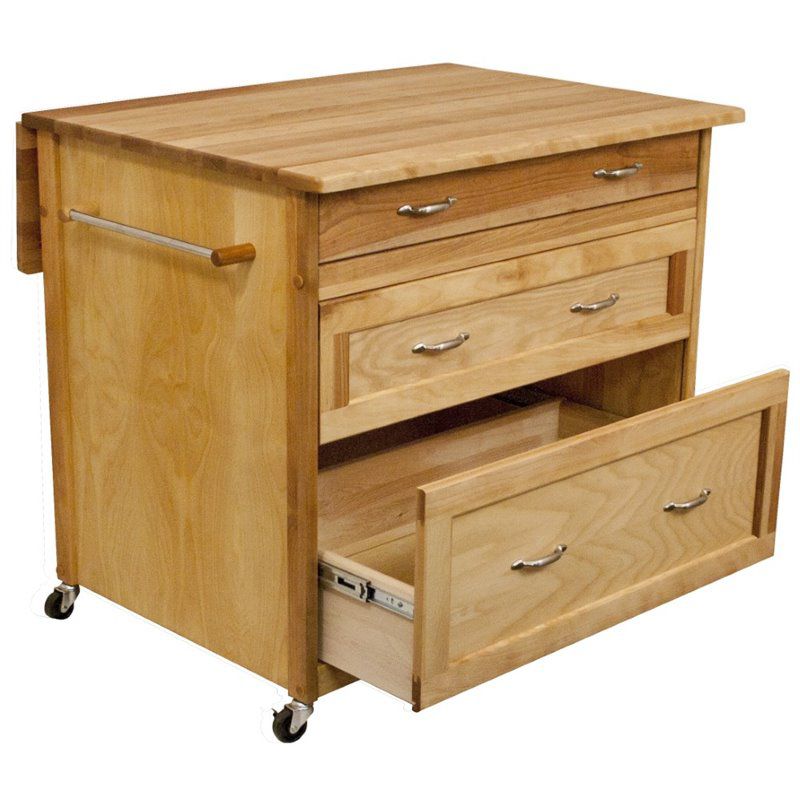 Wood 3 Drawer Kitchen Cart in Natural Birch Brown - Catskill Craftsmen