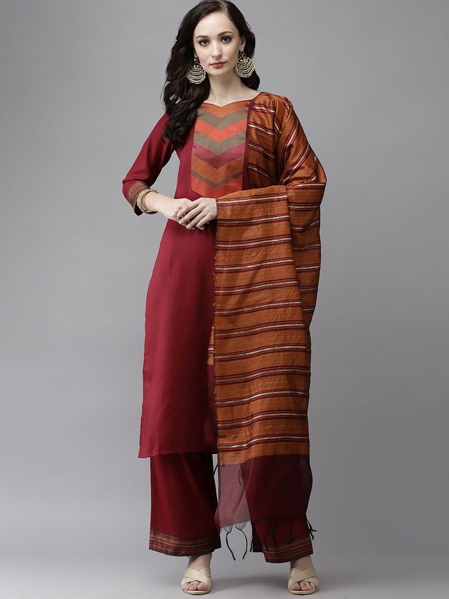 Indo Era Yellow & Purple Woven Pattern Dupatta