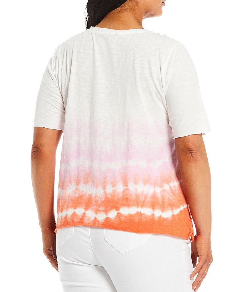Democracy Plus Size Tie Dye Ombre Print Scoop Neck Elbow 3/4 Sleeve Sharkbite Hem Pocket Tee