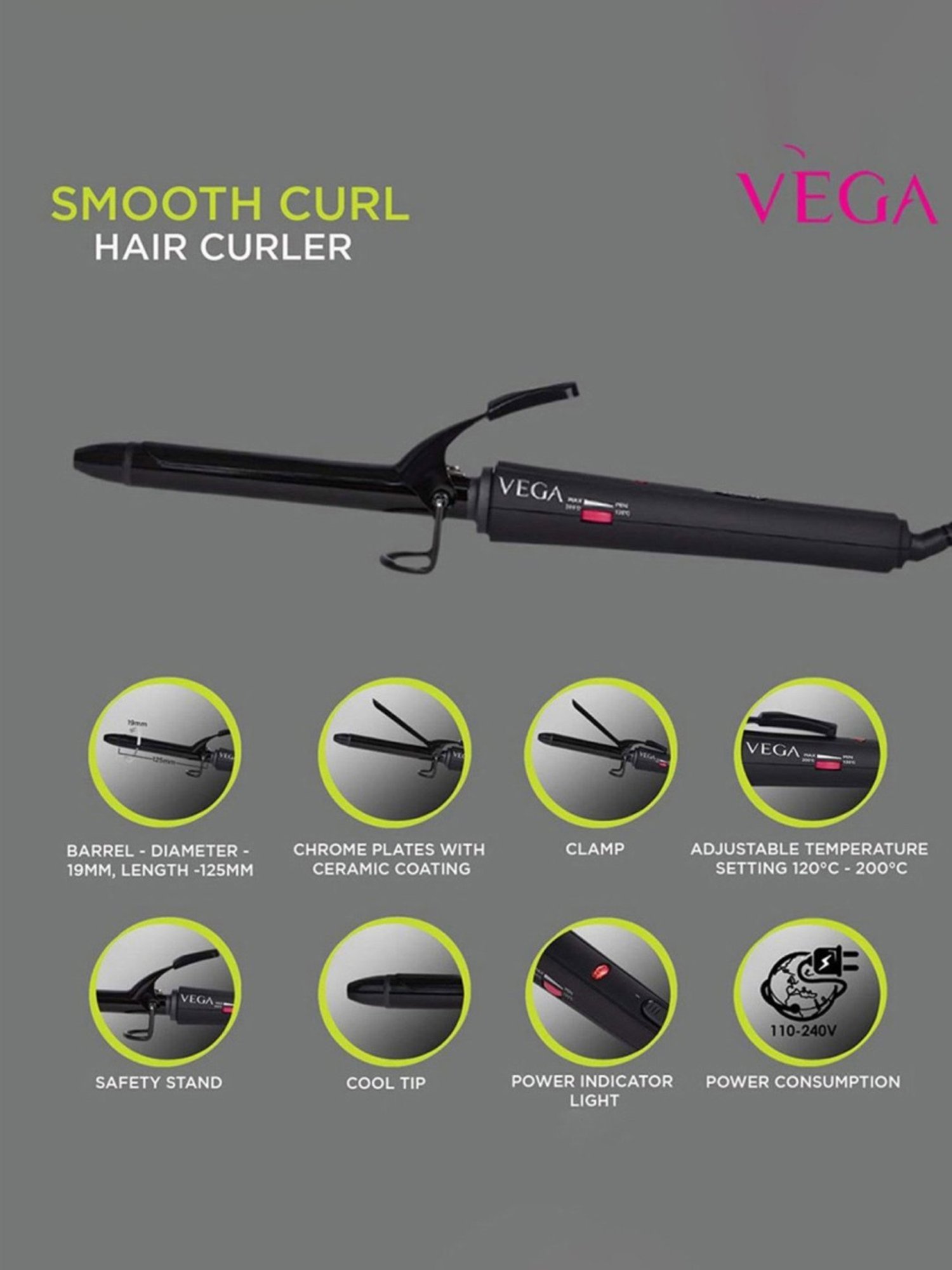 Vega Smooth Curl VHCH-03 Hair Curler & Insta Glam VHDH-20 Hair Dryer Combo (Multicolor)