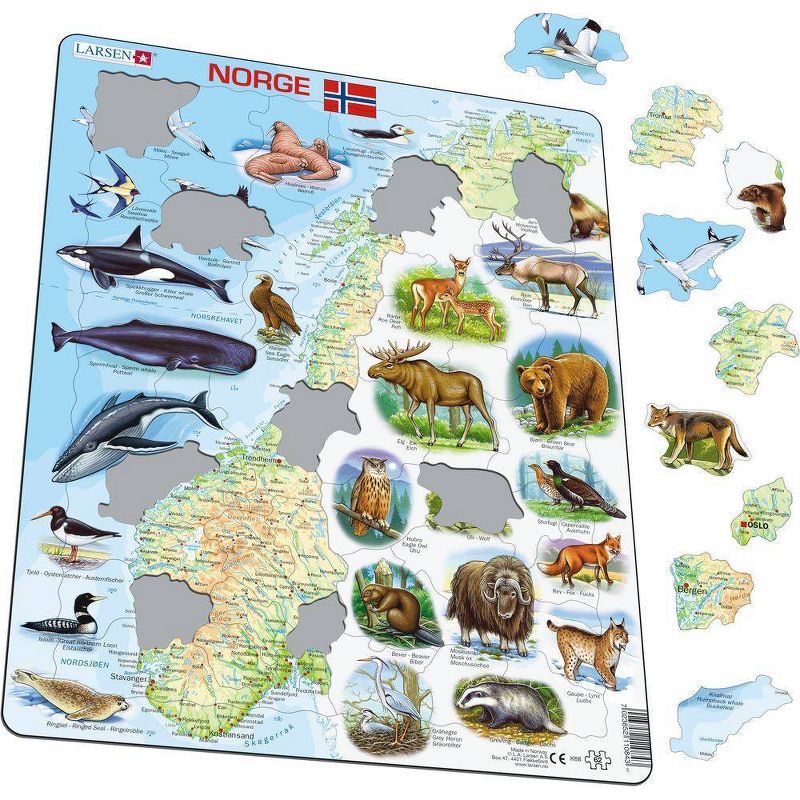 Larsen Puzzles Norway Map with Animals Kids Jigsaw Puzzle - 62pc