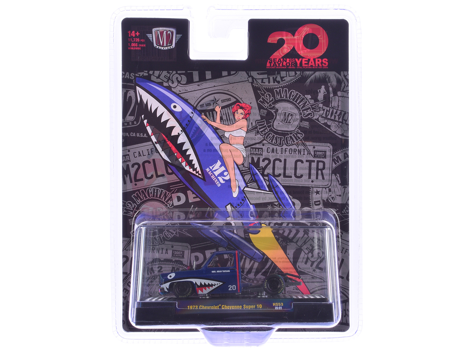 1973 Chevrolet Cheyenne Super 10 Bedless Truck Blue with Shark Mouth Graphics "20 Year Anniversary M2 Designer Sean Taylor" Limited Edition to 11726 pieces Worldwide 1/64 Diecast Model Car by M2 Machines